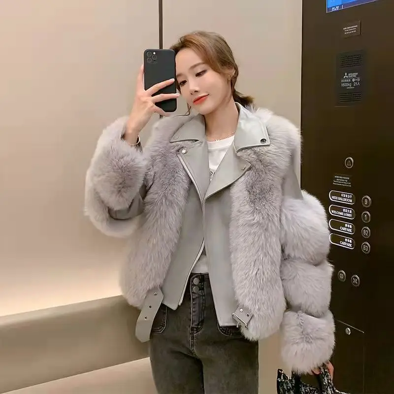 Office Lady Faux Fox Fur Jackets 2023 Winter New Fashion Women Short Zipper Jacket Female Stitching Fur Parkas Overcoat Outfits
