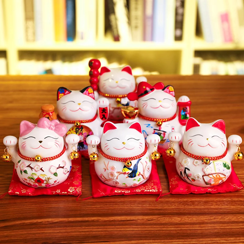 

5 inch Maneki Neko Lucky Cat Ornament Ceramic Fortune Cat Statue Home Decorative Gift Feng Shui Beckoning Cat Piggy Bank