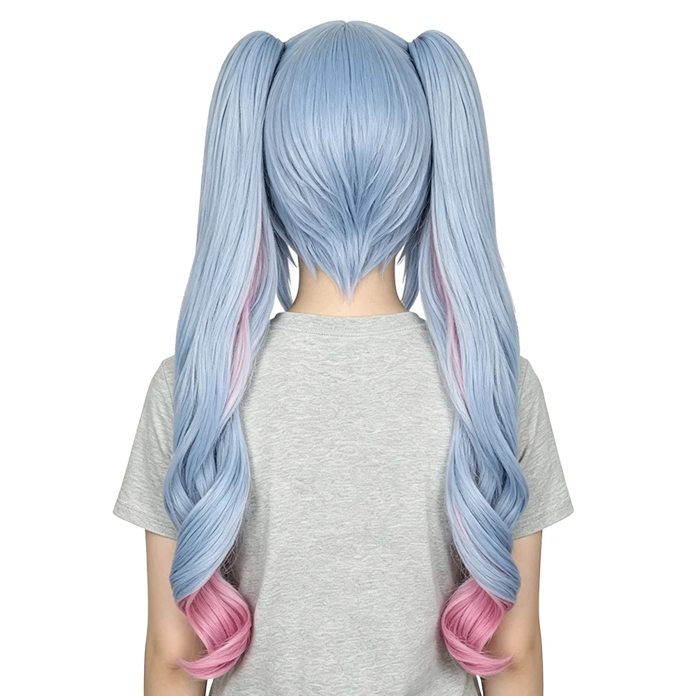 Фото Парик для косплея Anime Miku Rabbit Hole, небесно-голубой с розовым омбре, с двумя отстегивающимися хвостиками, длинные волнистые термостойкие синтетические волосы №2