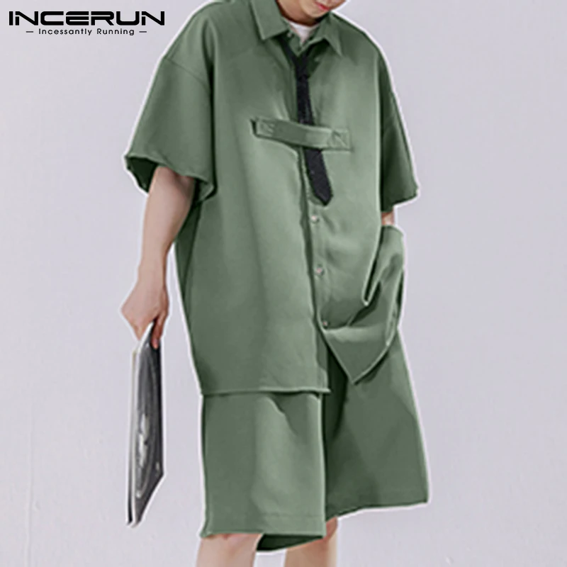 

INCERUN Men Sets Solid Color Streetwear Lapel Short Sleeve Button Shirt & Shorts Two Pieces Sets Fashion Men Casual Suits S-5XL