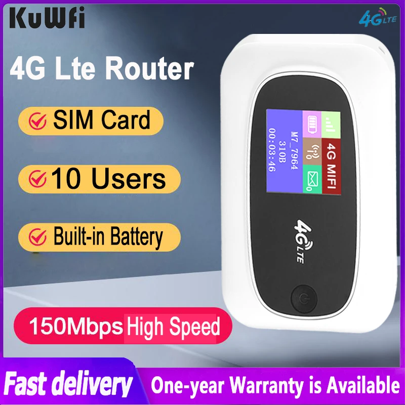 

KuWfi Unlock 4G LTE Wifi Router Color LCD Display 150Mbps Mobile Wireless Hotspot Portable WiFi Pocket Mifi Sim Card Plug&Play