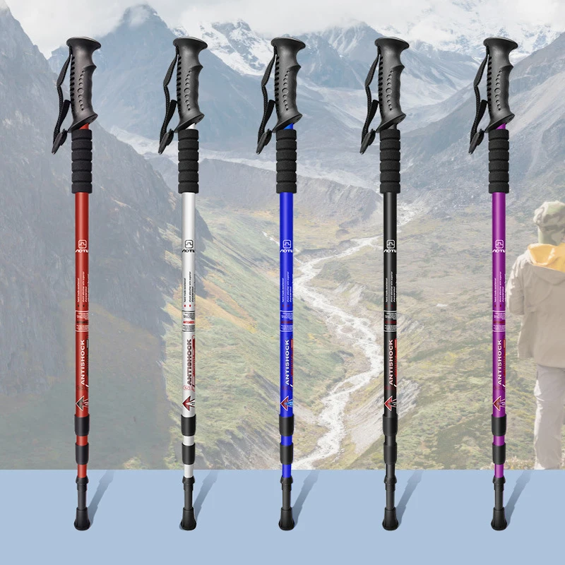 

Outdoor Hiking Straight Holding 3 Section Climbing Stick Aluminum Alloy Adjustable Walking Trekking Pole With Spring Damping