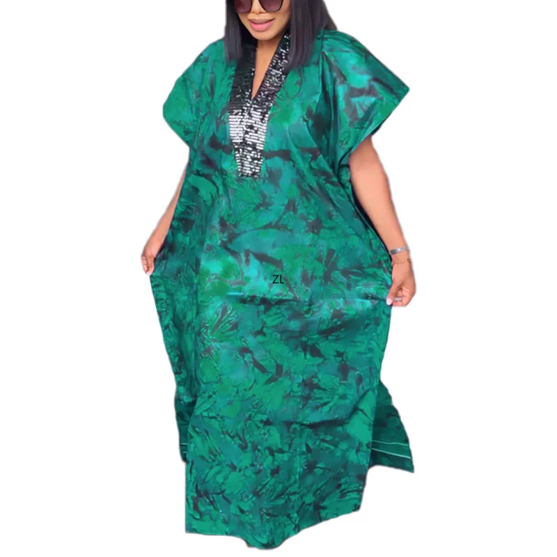 

Polyester African Dresses for Women Summer African Short Sleeve V-neck Sequined Plus Size Long Robes African Clothes Women