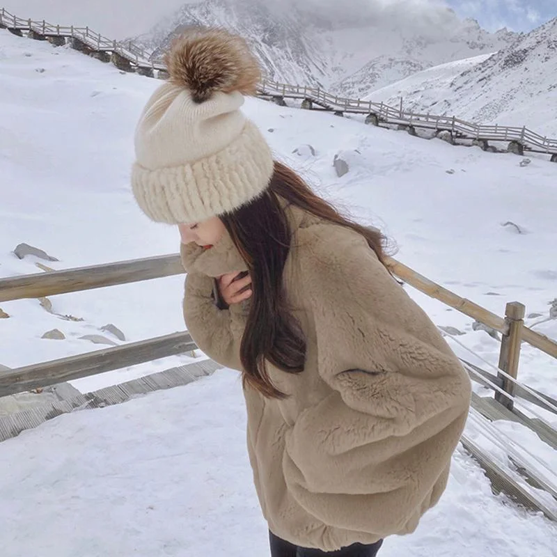 Faux Fur Coat Women's 2022 Autumn and Winter Loose Imitation Rex Rabbit Fur Plus Velvet Thick Stand Collar Zipper Sweater Plush