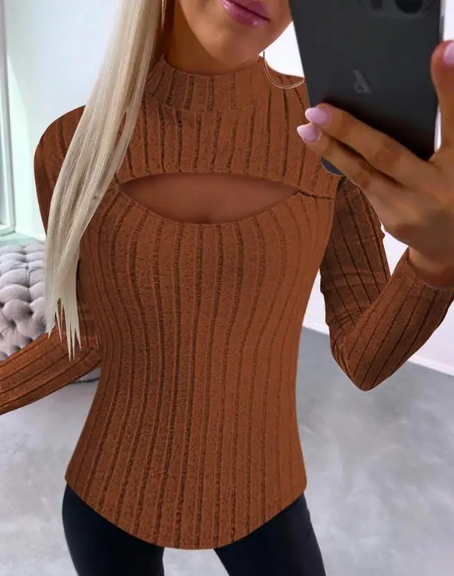 

Woman Cutout Blouse Top Y2K 2023 Autumn New Fashion Casual Daily Solid Mock Neck Long Sleeve Ribbed Top Basic Versatility