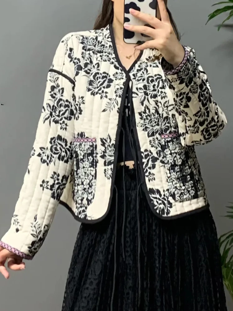 

Retro Print Quilted Jacket Women V Neck Lace Up Winter Warm Padded Coat 2023 Female Fashion Reversible Jacket