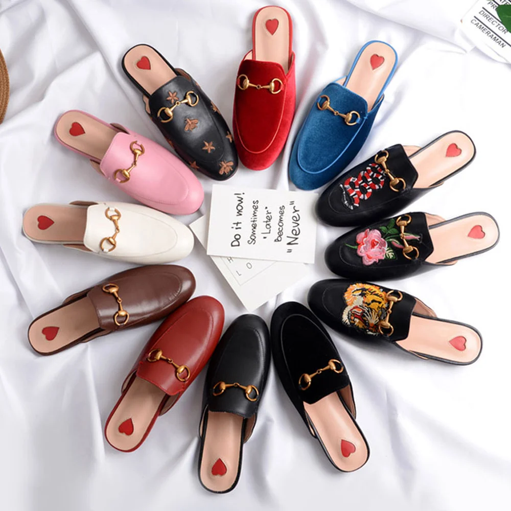 

Womens Real Leather Velvet Backless Loafer Slipper Mule Slide Princetown Shoes Metal Buckle 13Styles Plus Size New 2022