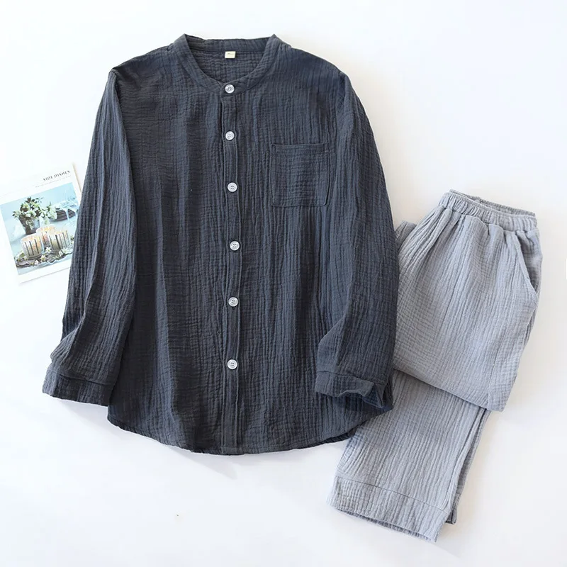 

100% cotton Crepe round neck Couple pajamas sets women japanese simple Grey long-sleeve pyjamas men sleepwear