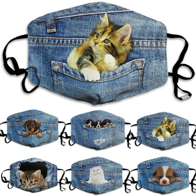 

6 Colors Unisex Print Mouth Mask Denim Cat And Dog Face Mask Cat And Dog Themed Breathable Face Masks Outdoor Cycling Masks