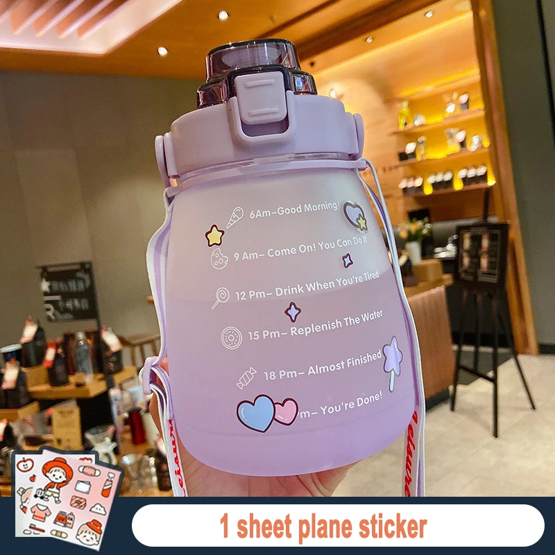 Cute Girls Water Bottle with Stickers Straw Big Belly Cup 1500ml Sports Bottle for Water Jug Children Female Kettle with Strap enlarge