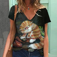 2022 womens t shirt full 3d print moon cat ethnic shirts summer short sleeve v neck basic pullovers tops loose shirts