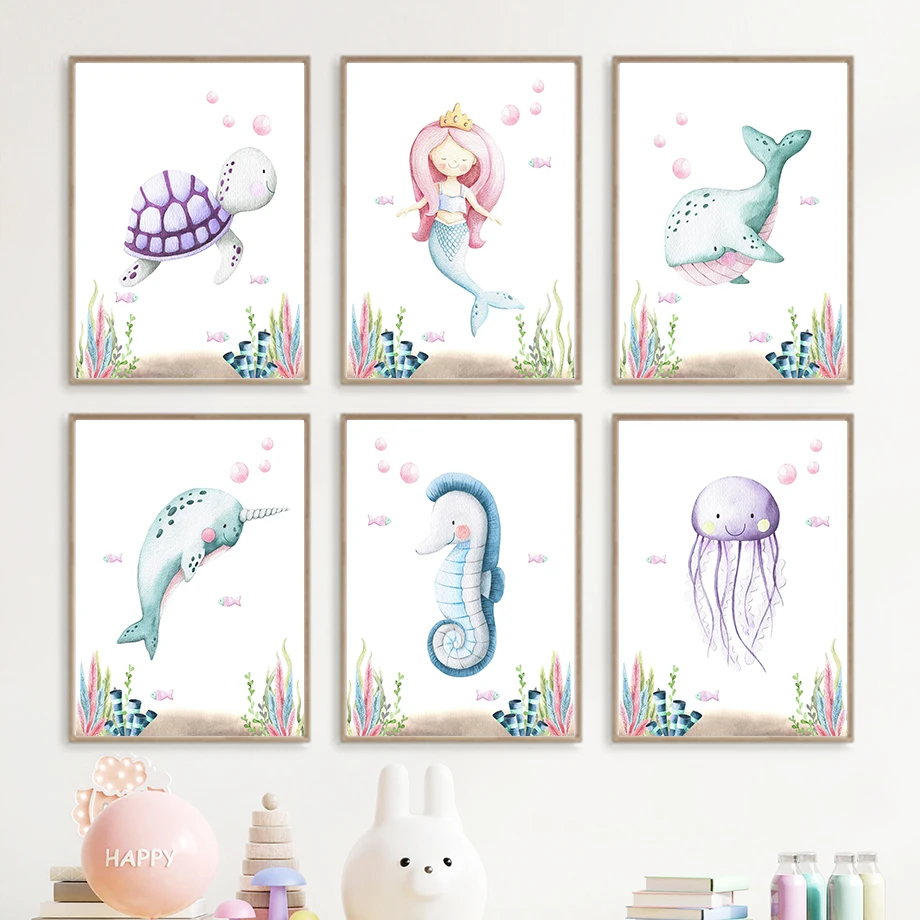 

Sea Turtle Jellyfish Seahorse Whale Mermaid Wall Art Canvas Painting Nordic Posters And Prints Wall Pictures For Kids Room Decor