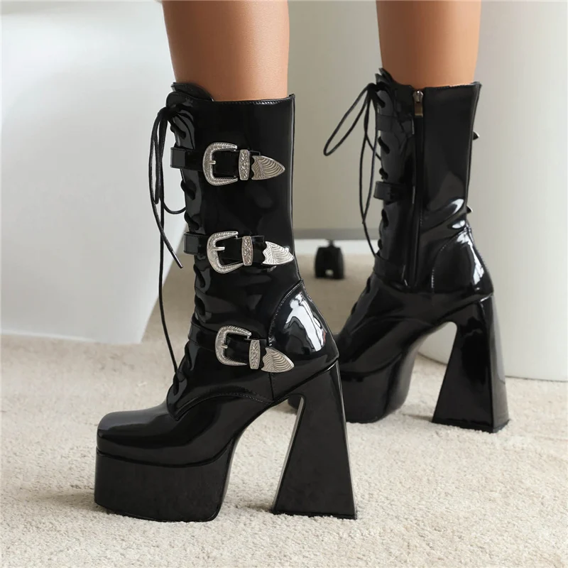 

Gothic Style Platform Vampire Cosplay Women Mid-calf Boots 2022 Winter Wedges Comfy Women Motorcycle Boots 13cm High Heel Shoes