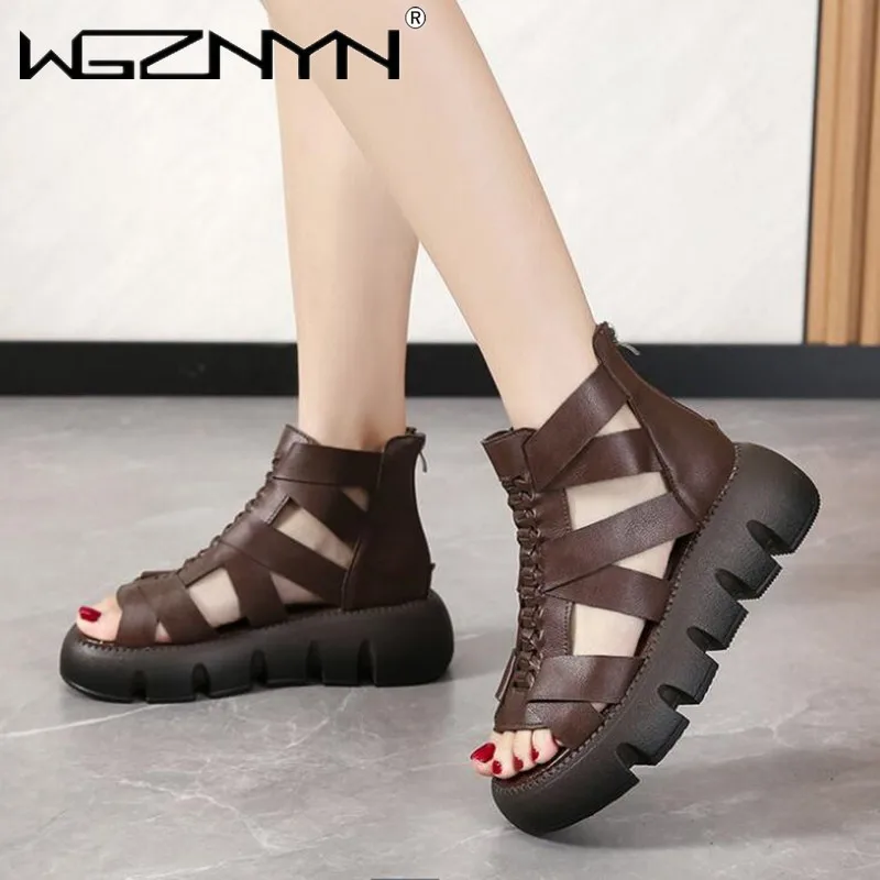 

2022 Summer Lady New Wedge Bottomed Open Toe Sandals High Top Women's Breathable Genuine PU Leather Roman Style Versatile Shoes