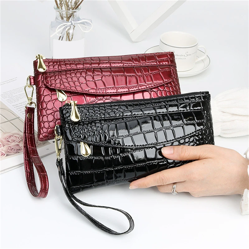 

Лакированные кожаные женские кошельки, длинный Дамский бумажник на двойной молнии, клатч, дизайнерская красная сумка, женский кошелек
