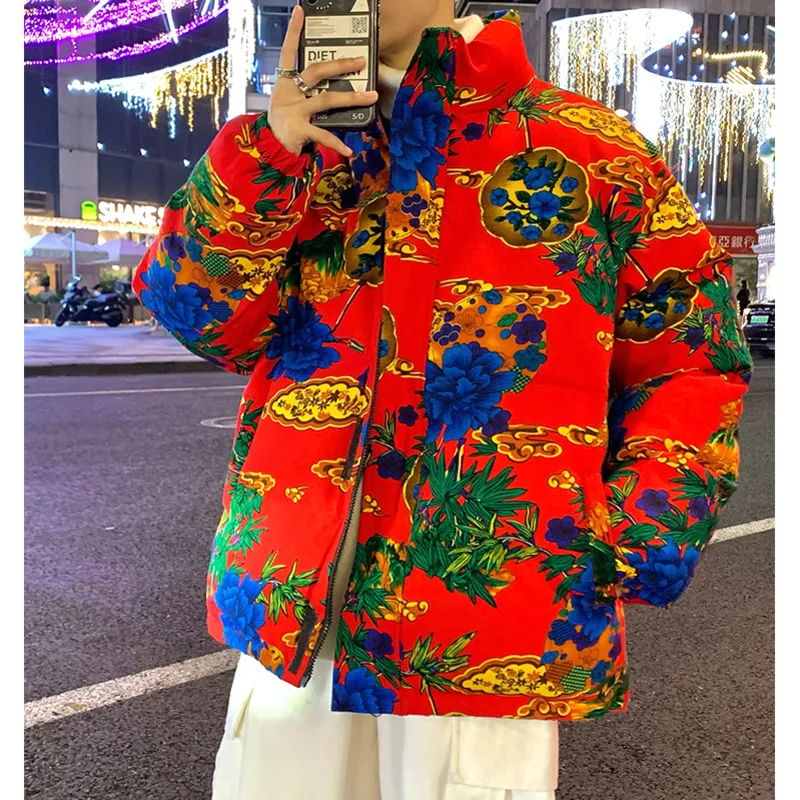 Winter Jacket Men Warm Fashion Casual Thickening Flower Coat Men Streetwear Loose Printing Short Coat Mens Parker Clothes M-5XL