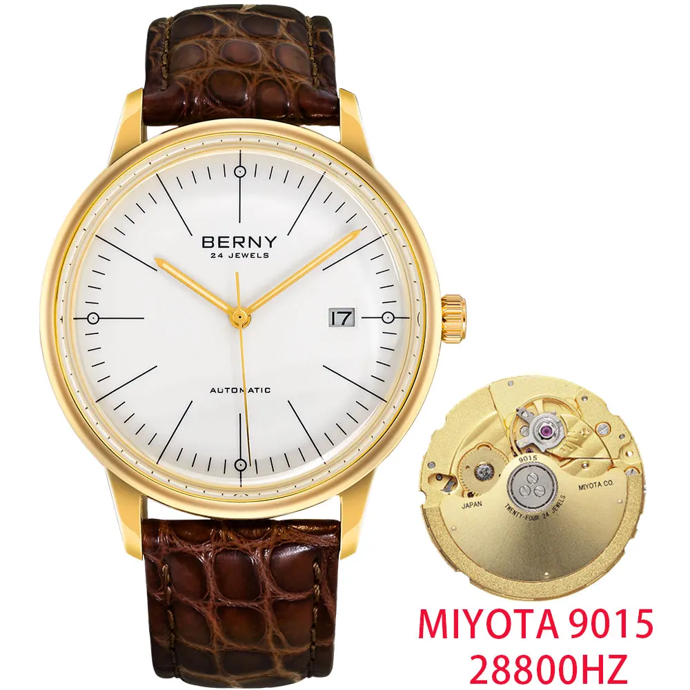 

BERNY Luxury Automatic Watch for Men Mechanical watches Bezel Covered With 18k Gold Leaf 9015 Clock Sapphire Mechanical Watch