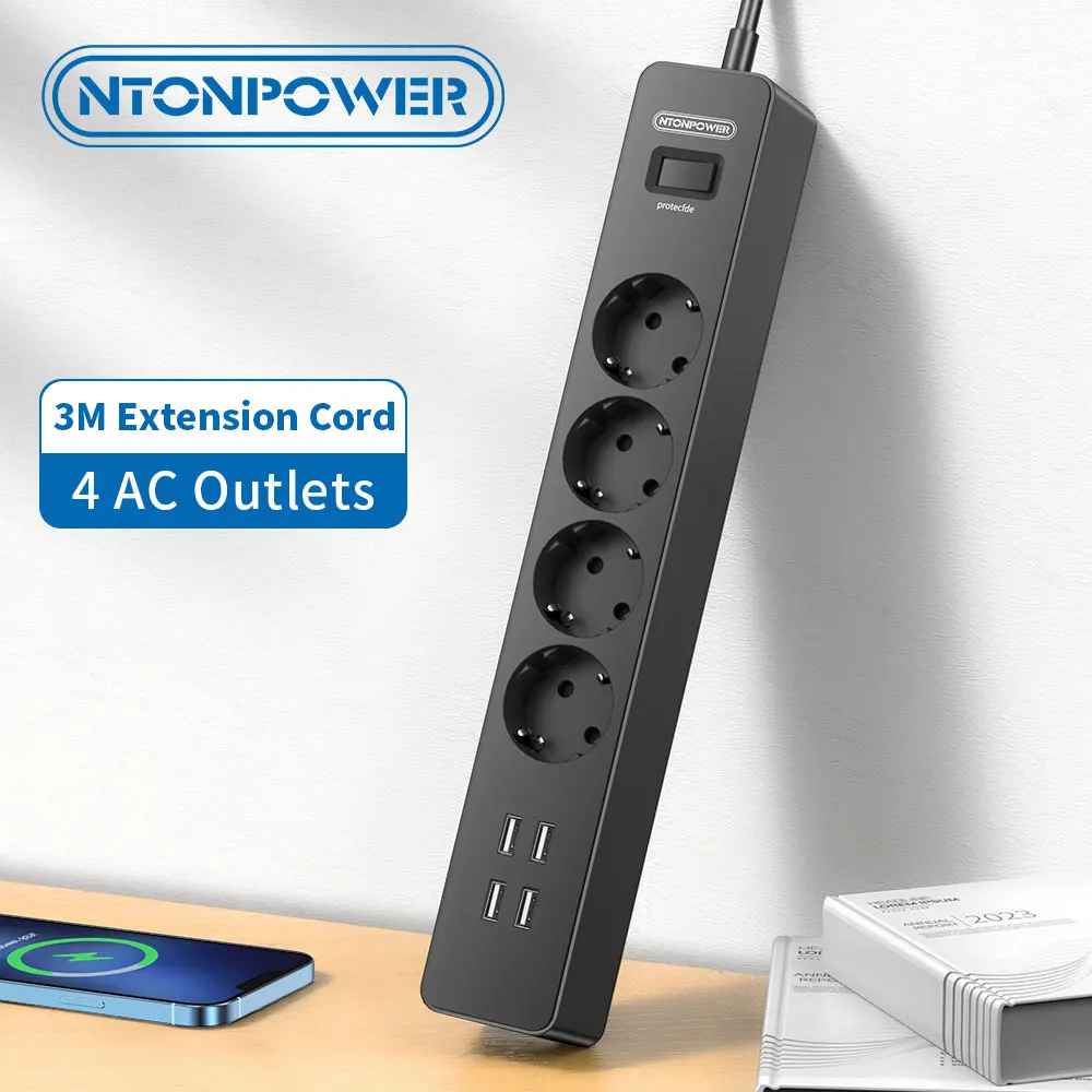 

NTONPOWER 2500W Multiprise Smart Power Strip EU Plug Sockets With 3M Extension Cord Surge Protector for Home Network Filter