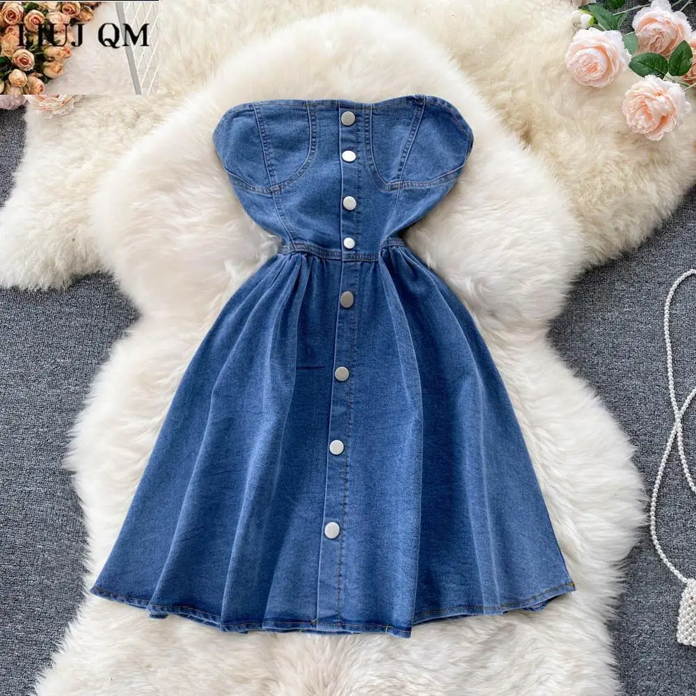 

Платье женское джинсовое без бретелек, пикантное облегающее вечернее мини-платье из денима с открытыми плечами и высокой талией, голубое, л...