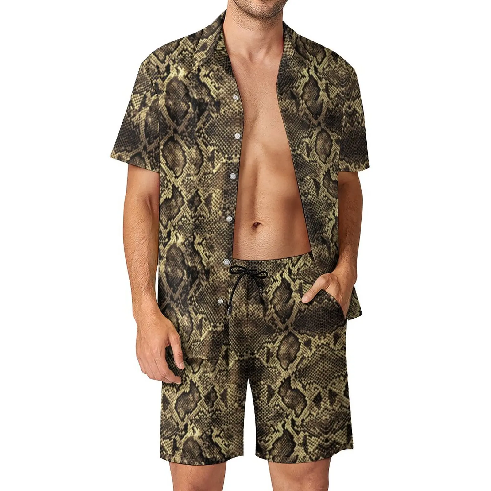 

Snakeskin Men Sets Brown Snake Print Trending Casual Shirt Set Short Sleeve Design Shorts Summer Vacation Suit Large Size