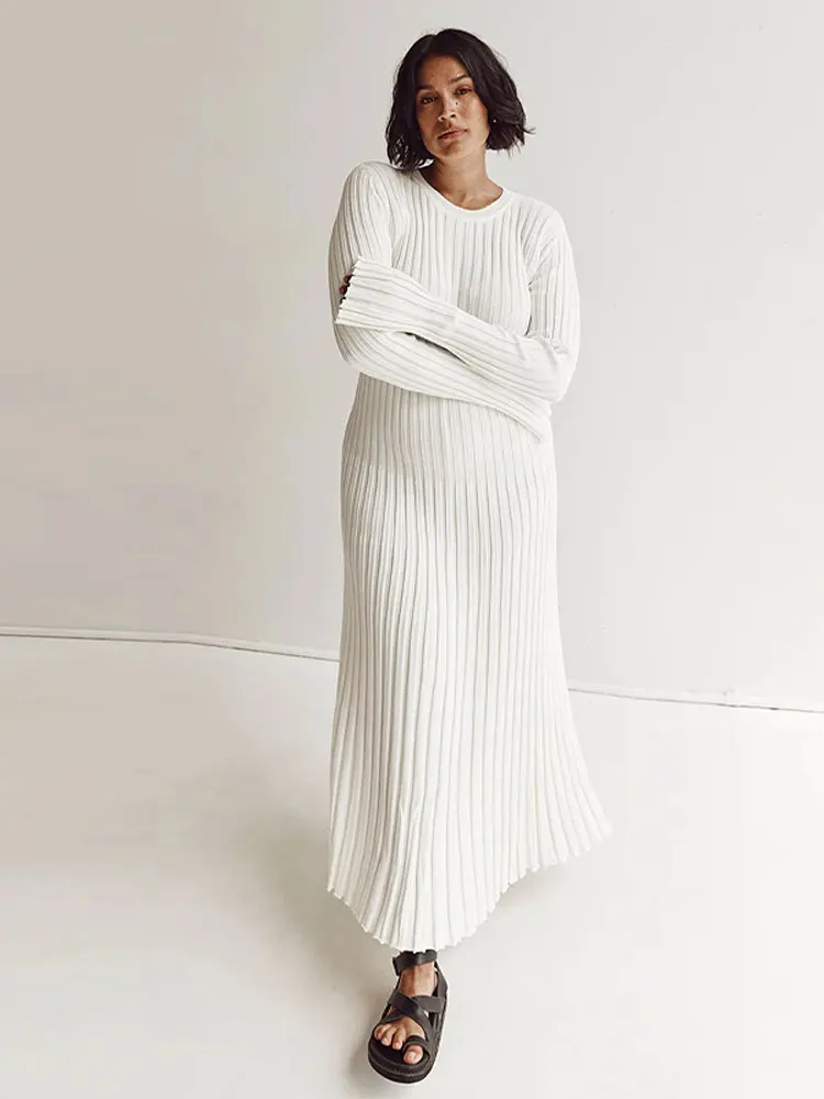 

White O- Neck Pleated Knitted Dress Women Long Sleeve Maxi Robes 2023 Summer Lady Office Streetwear Vestido Dresses