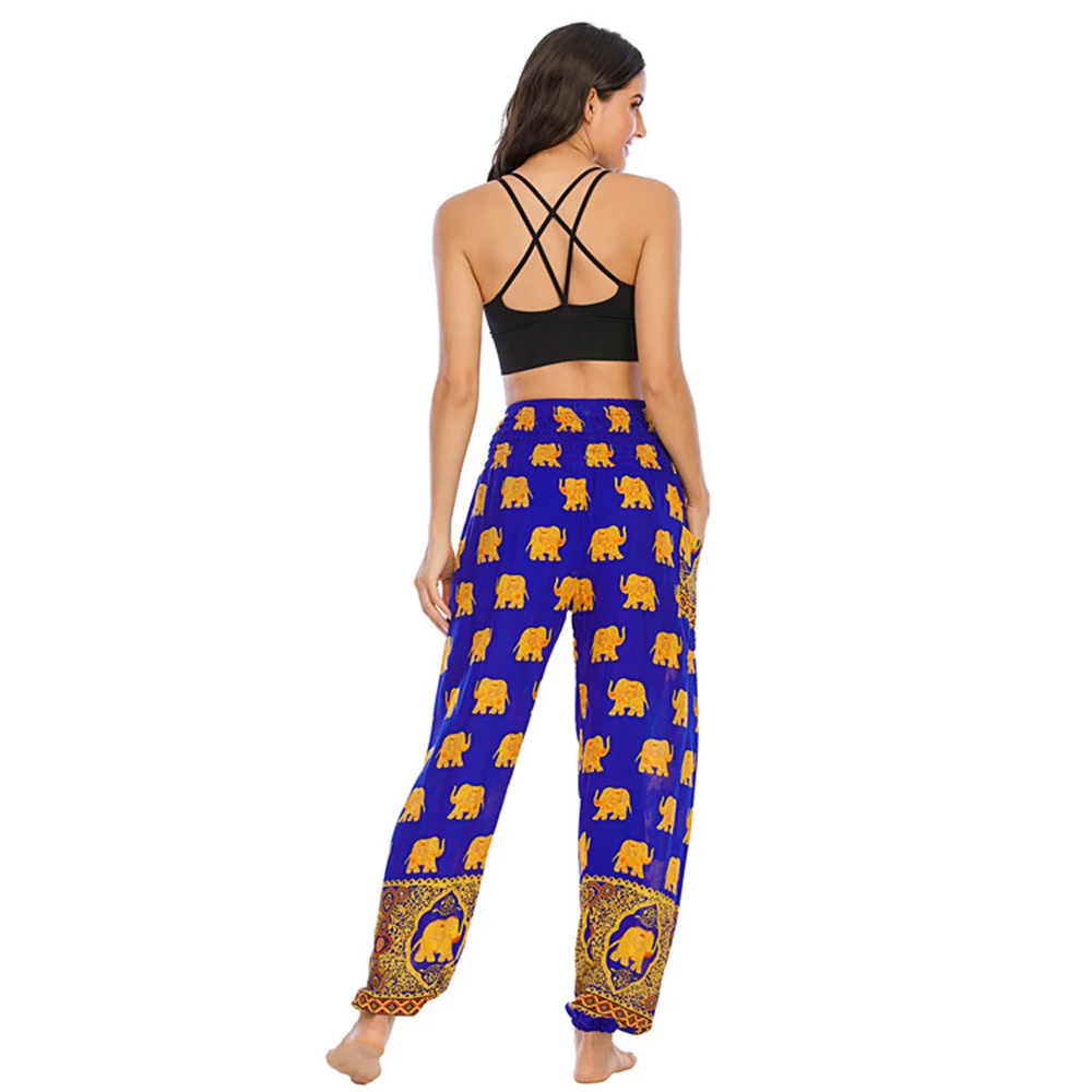 Thailand Elephant Bohemia Printed Yoga Sports Pants Elastic High Waist Lantern Trousers National Loose Casual Slacks