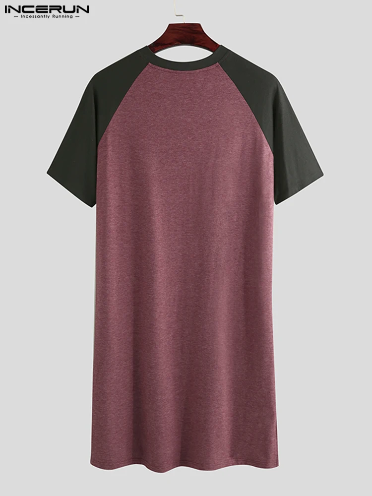 Fashion Casual New Men Sleep Tops INCERUN Short Sleeve O-Neck Patchwork Nightgown Loose Comfortable Men Sleepwear Pajamas S-5XL