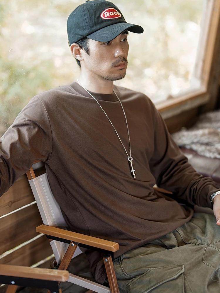 Brown Cotton Long sleeves Shirt Men's Loose round Neck Pullover Undershirt Youth T-shirt Spring and Autumn Hoodie New