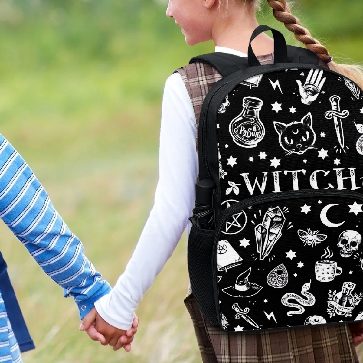 FORUDESIGNS Cat Witchcraft Print Women's Backpack Personalized Student Boys Girls Back School Bag Water Bottle Pockets Book Bags
