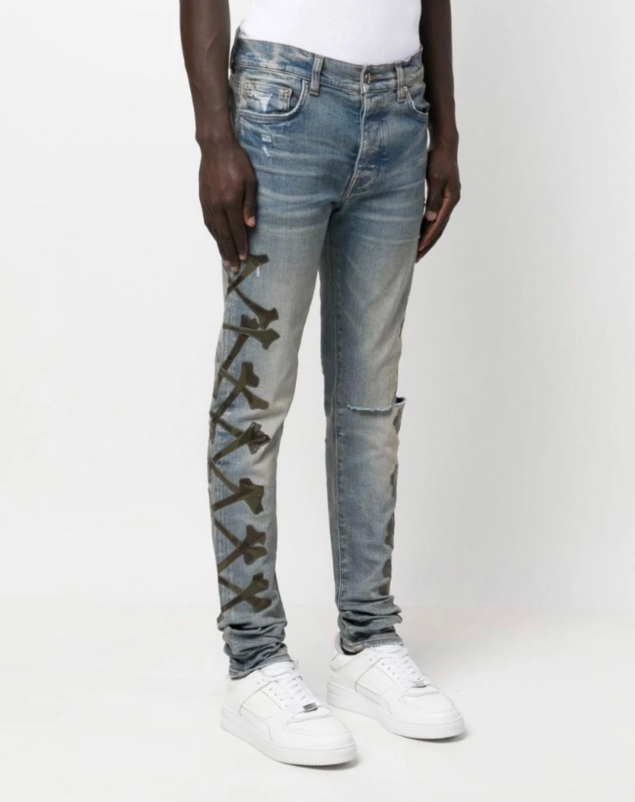 

Blue Camo Bones Jeans Slim-fit stretch denim jeans Distressing fading distressed skinny Ripped Destroyed Denim moto biker pants