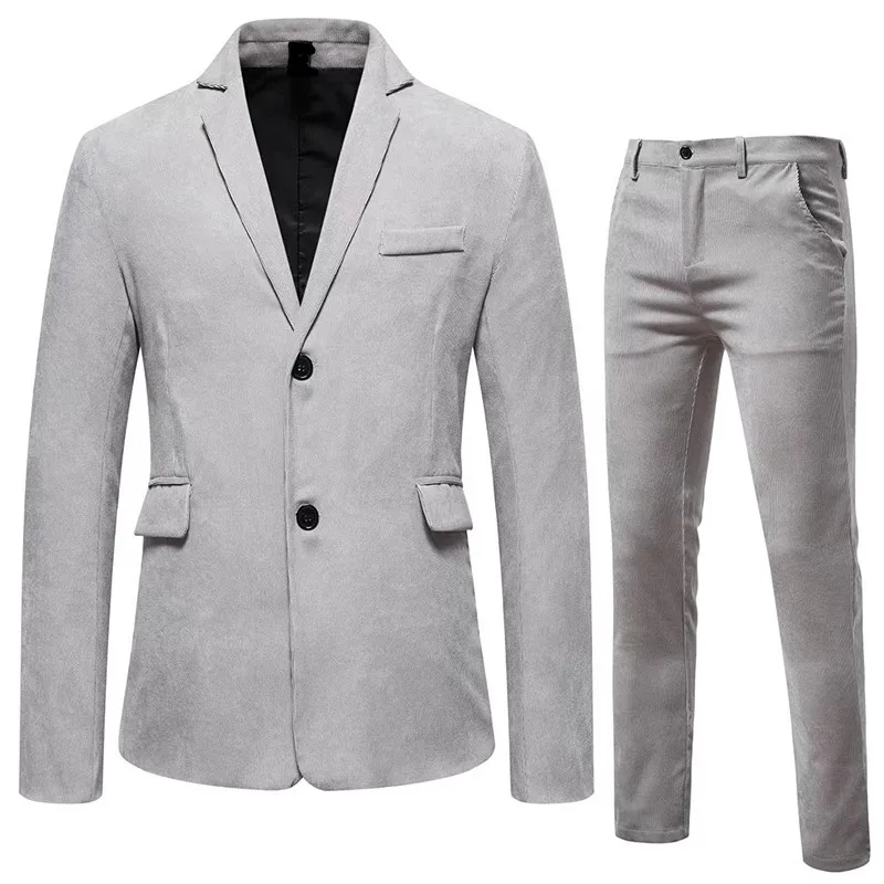 

New men's suit set with corduroy solid color single breasted casual suit two-piece set
