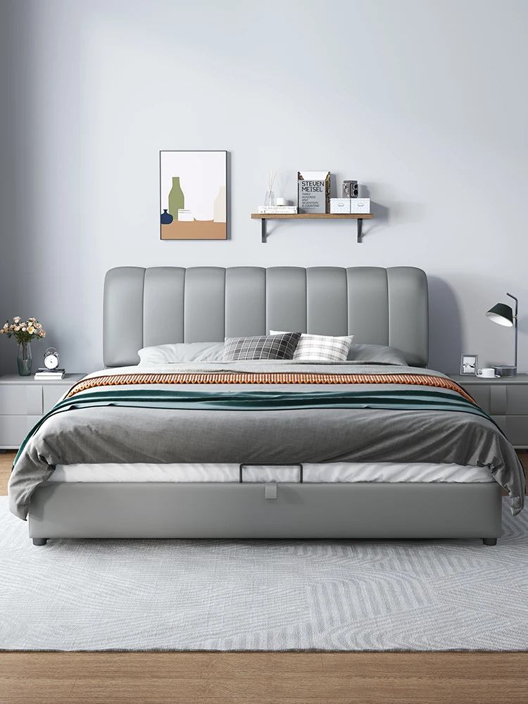 

Кожаная двуспальная кровать, современная простая итальянсветильник шная Свадебная кровать в скандинавском стиле, Чрезвычайно простая, для...