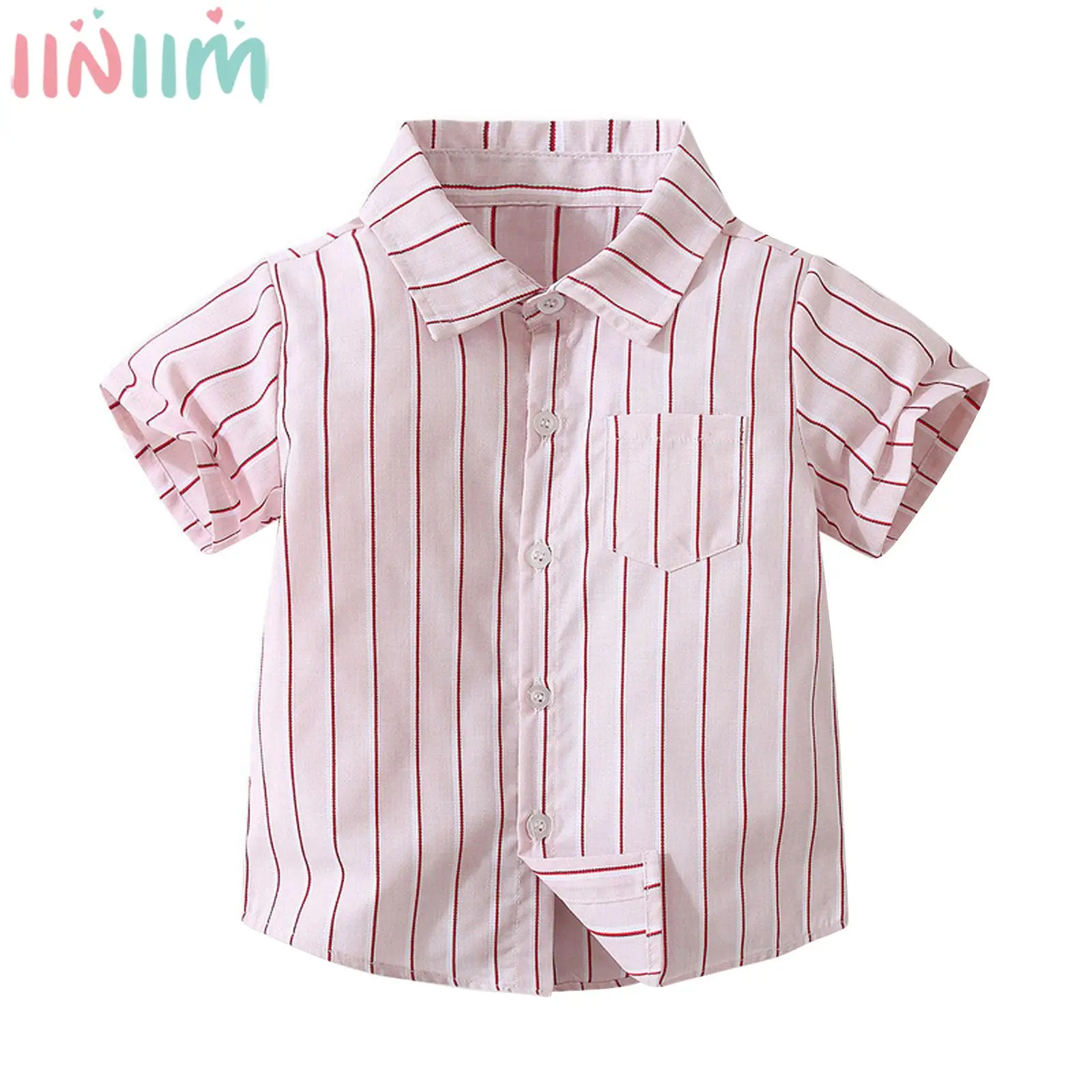 

Toddler Boys Summer Causal Shirt Short Sleeve Turndown Collar Vertical Stripes Single-breasted Tops Daily Wear Loungewear