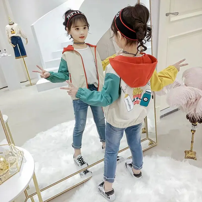 

Baby Girls Autumn Hooded Jacket Child Top Spring Baseball Trend Kids Clothes 2 8 To 12 Toddler Fall Stitching Color Zipper Coats