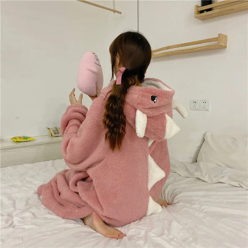 Dinosaur Pajamas in Autumn and Winter Women's Lovely Design Thickened Plush Pajamas Loose Coral Velvet Housewear Pajamas
