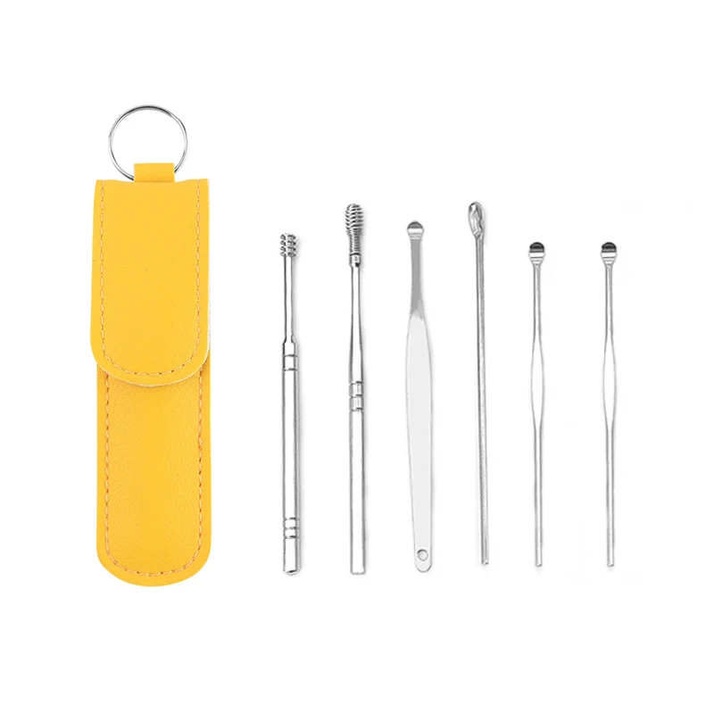 

6 pieces / set stainless steel coil spring ear scoop ear canal cleaning tool portable with storage sleeve