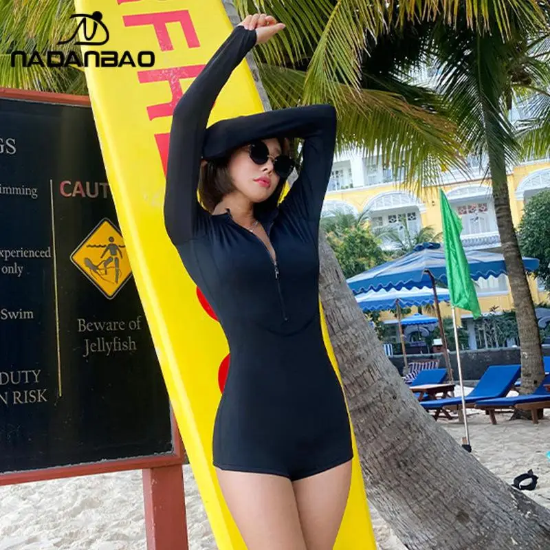 

Nadanbao 2023 Women Swimsuits Summer One Piece Suits Zipper Monokini Female Bodysuit Long Sleeve Swimwear Surfing Beachwear