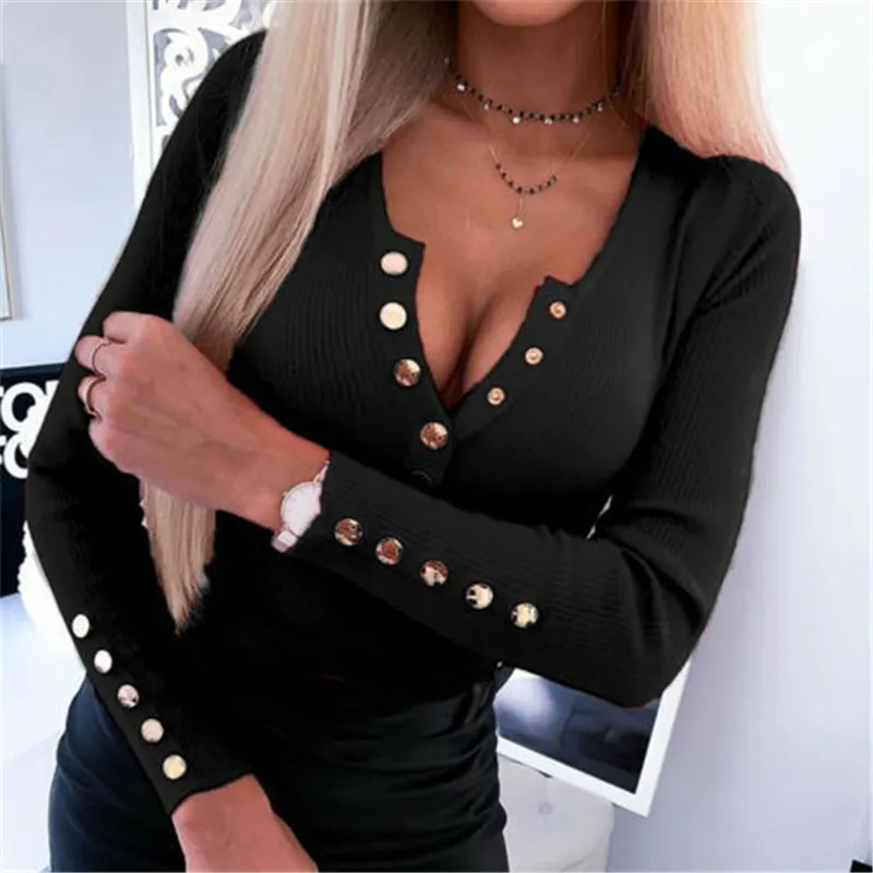

Elegant Women Autumn Winter Knitted T-Shirts V-Neck Button Decor Long Sleeve Solid Color Office Lady Slim Pullovers Top