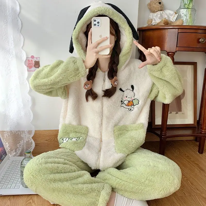 

Anime Sanrio Pochacco Purin Dog Women's Coral Velvet Hooded Pajamas Sweet Nightgown Set Cartoon Winter Homewear Girl Sleepwear