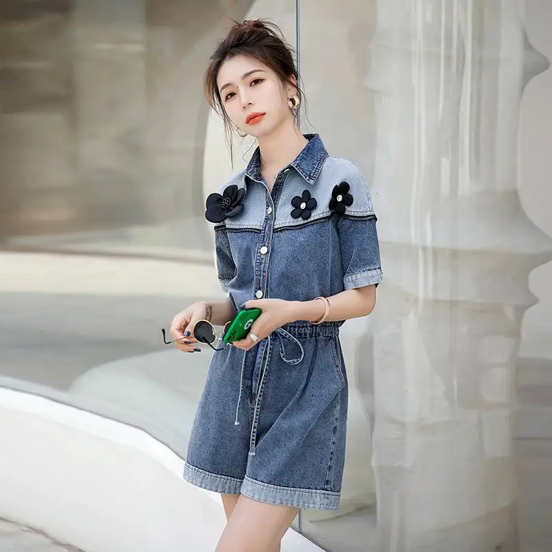 

2023 Women's Summer Fashion Loose Wide-leg Short Jumpsuit Female Short Sleeve Jeans Rompers Ladies High Waist Playsuits O66