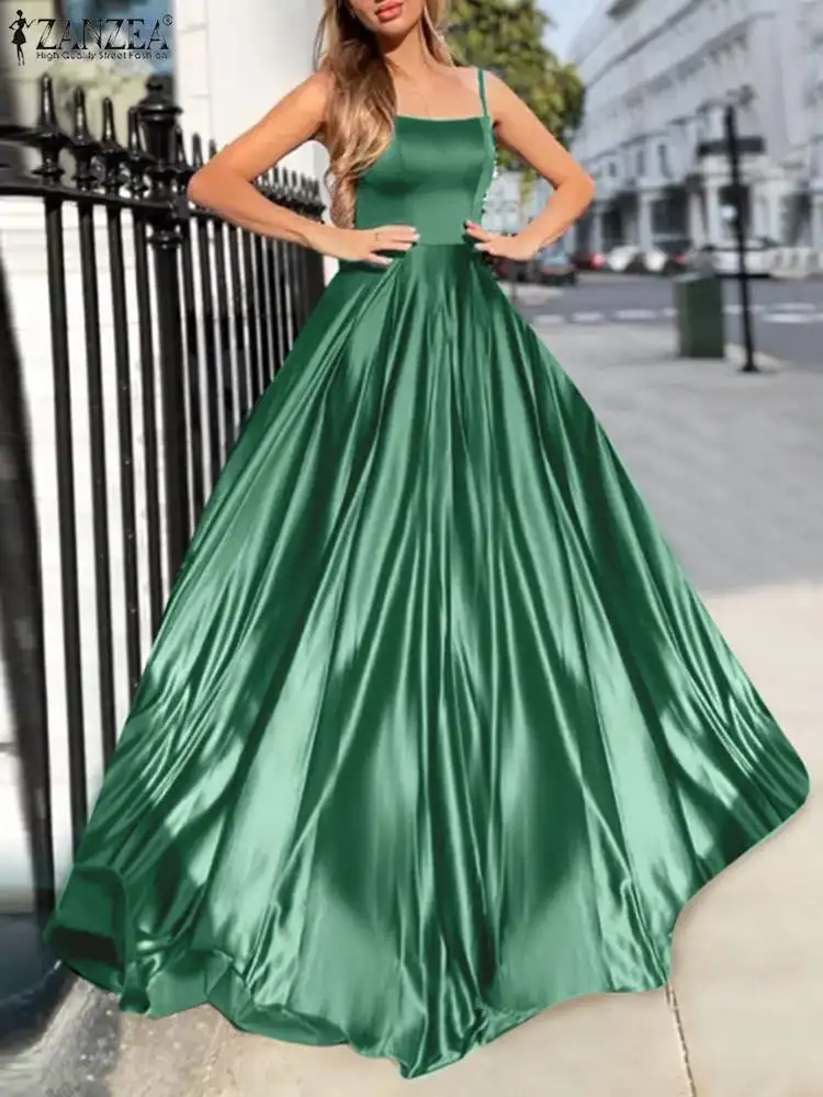 

ZANZEA Satin Prom Maxi Dress Fashion Sleeveless Sling Dress Oversized Ladies Square Neck Party A-line Sundress Sexy Waisted Robe