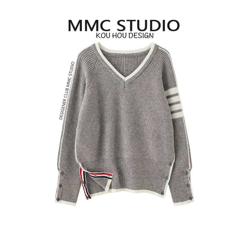 Thickened thick knitted V-neck pullover women's college style TB loose four-bar sweater autumn and winter casual wear