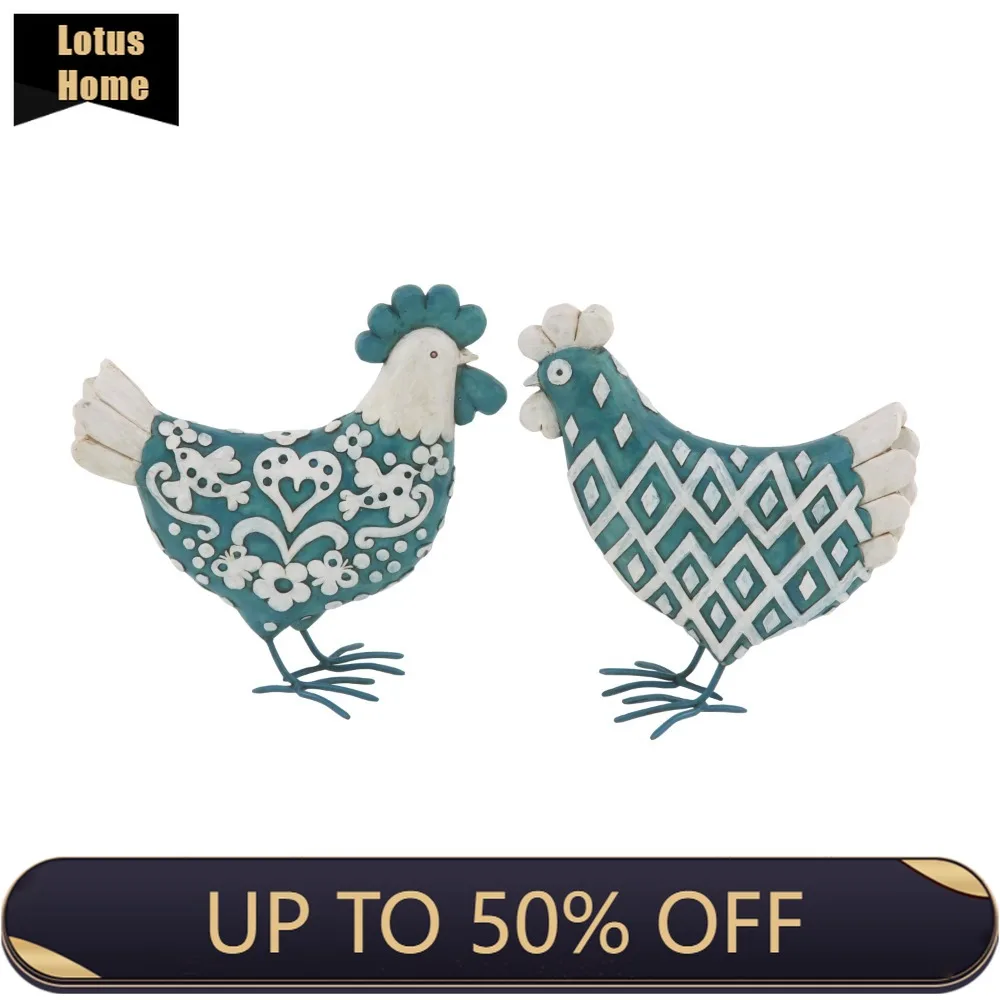 

9", 9"H Teal Polystone Rooster Sculpture (2 Count) Farmhouse Style Statues, Free Shippping