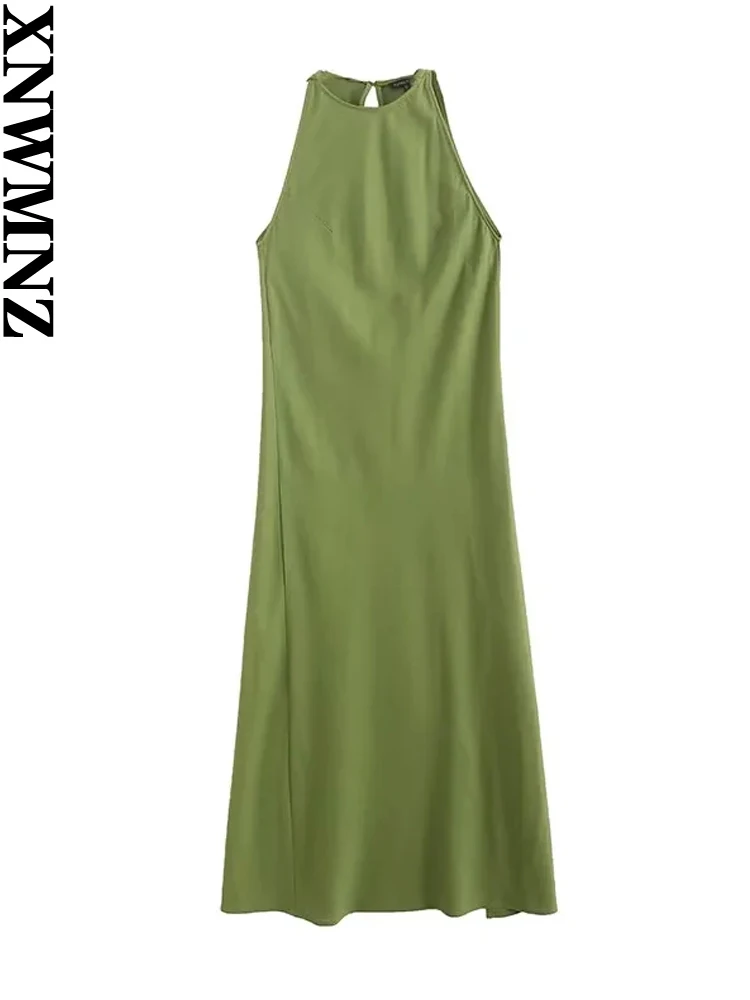 

XNWMNZ Women's Fashion 2023 Linen Blend Midi dress Women Vacation Style O Neck Sleeveless Side Split Simple Female Chic Dresses