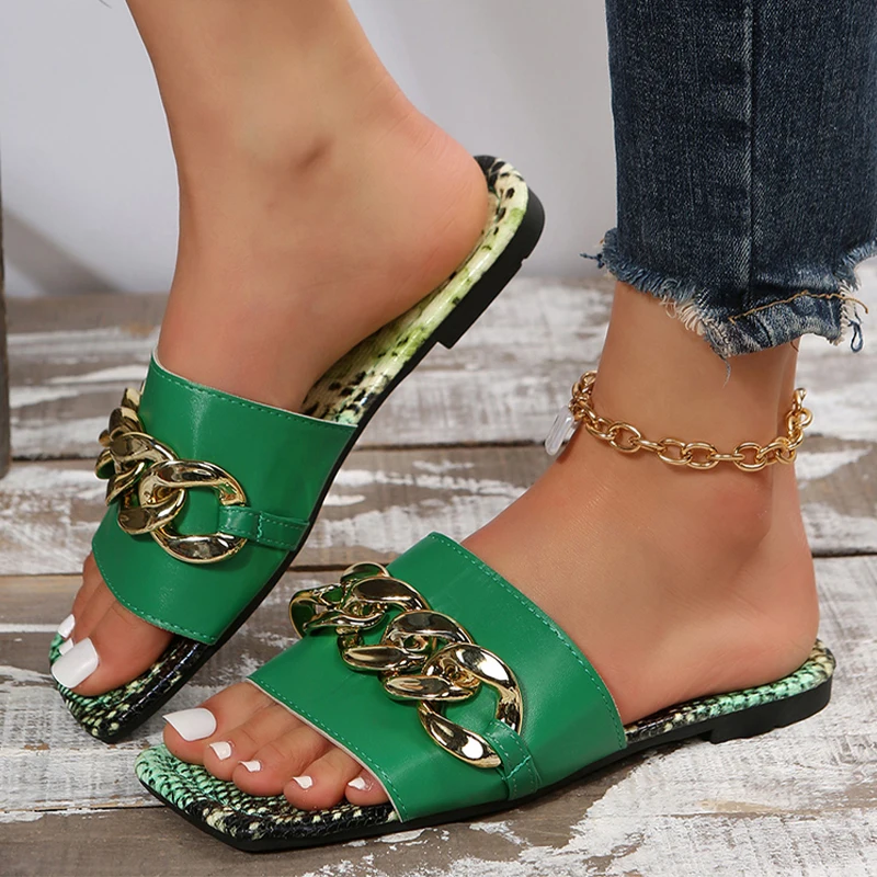 

Шлепанцы женские на плоской подошве, сандалии с цепочкой, пляжные шлепанцы, квадратный носок, Классическая обувь с ремешком на пятке, сланцы, лето 2023