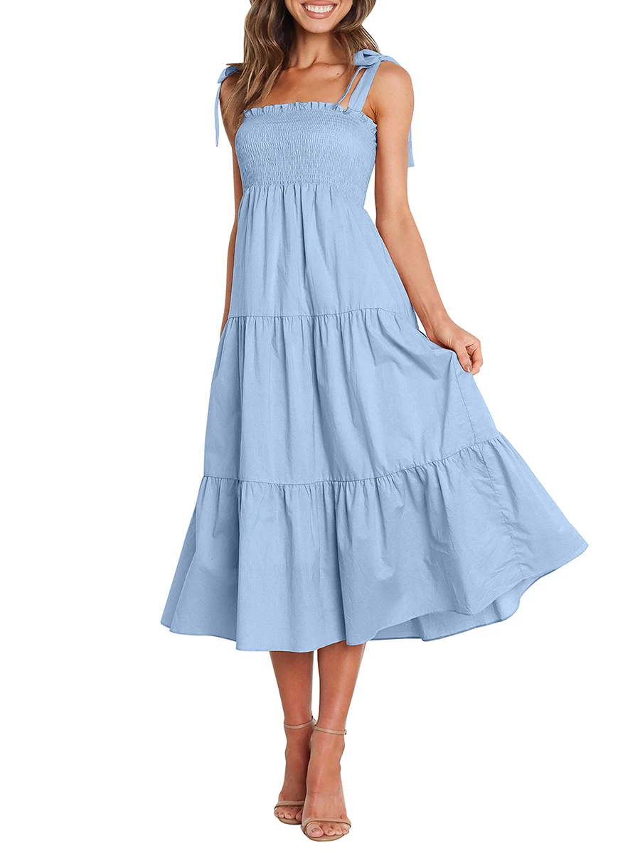 

Female Dress Solid Color Sleeveless Ruffle with Adjustable Shoulder Strap for Summer S M L XL