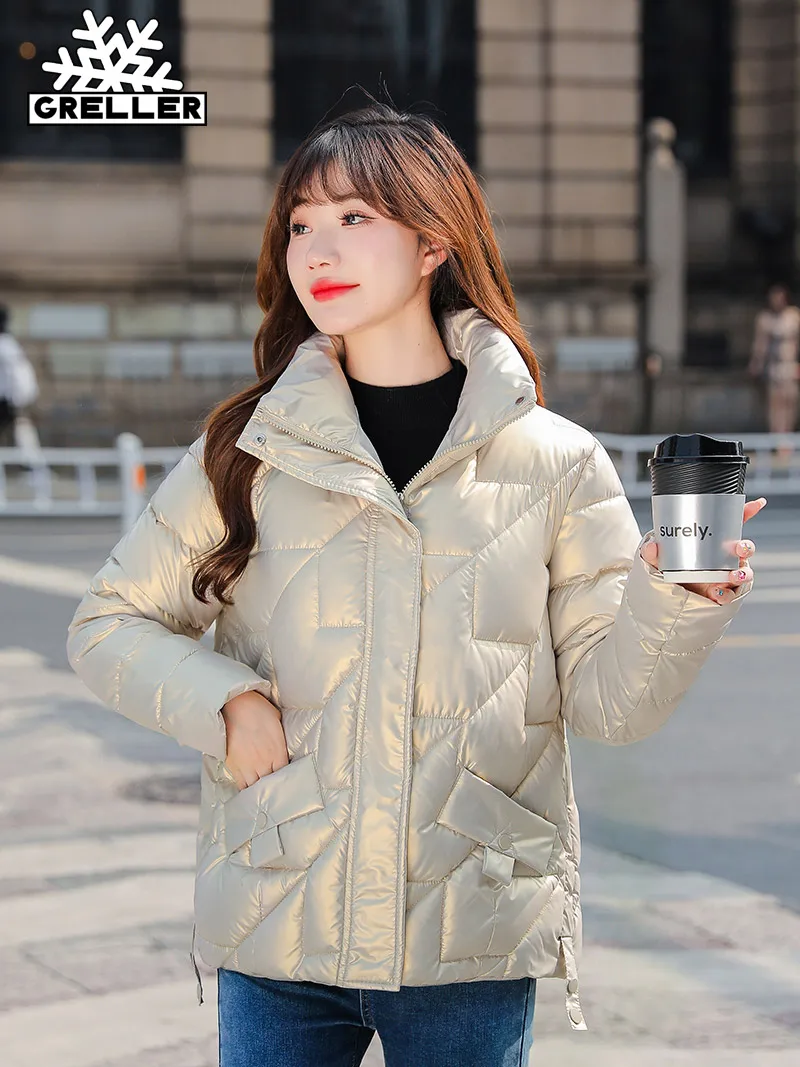 GRELLER 2022 Winter Jacket Women Short Womens Parkas Thicken Outerwear Solid Coats Shiny Female Slim Cotton Padded Basic Tops