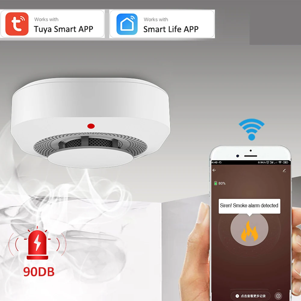Tuya Smart WiFi 90DB Smoke Detector Sensor Alarm Home Security System Siren Fire Protection Smart Life APP Notification