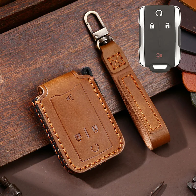 

Crazy Horse Leather Car Key Case Cover Fob Shell for Chevrolet SUBURBAN Saboban GMC Sierra Canyon Colorado Silverado