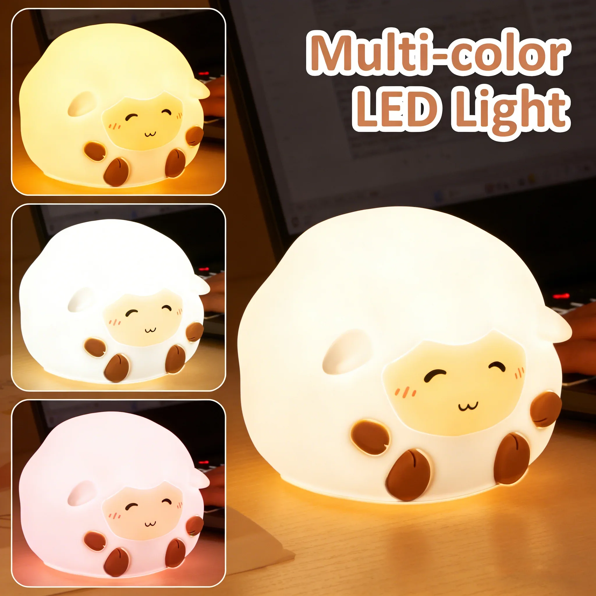 Фото Милый силиконовый ночник-овечка с LED-подсветкой, USB-зарядкой, регулировкой яркости, безопасный для глаз, для детской спальни, подарок на день рождения №3